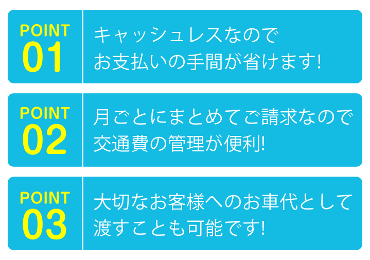 ポイント1 キャッシュレスなのでお支払いの手間が省けます ポイント2 月ごとにまとめてご請求なので交通費の管理が便利です ポイント3 大切なお客様へのお車代として渡す事も可能です
